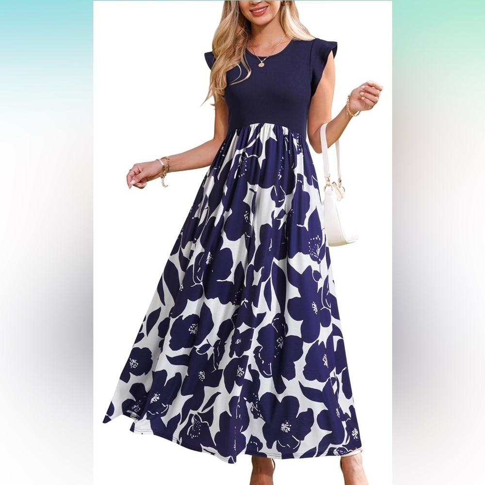 Elegant Navy Floral Maxi Dress Maturnity - Picture 1 of 6